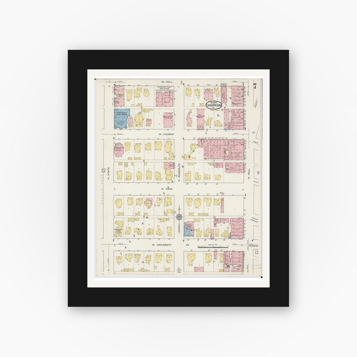 Old map wall art mockup — black gallery frame with white mat — Sanborn Fire Insurance Map from Champaign, Champaign County, Illinois (1915), Sheet #0007