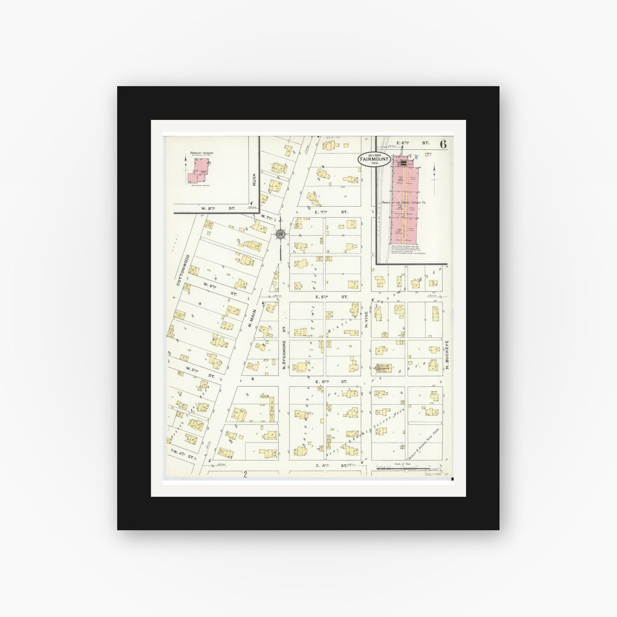 Old map wall art mockup — black gallery frame with white mat — Sanborn Fire Insurance Map from Fairmount, Grant County, Indiana (1909), Sheet #0006
