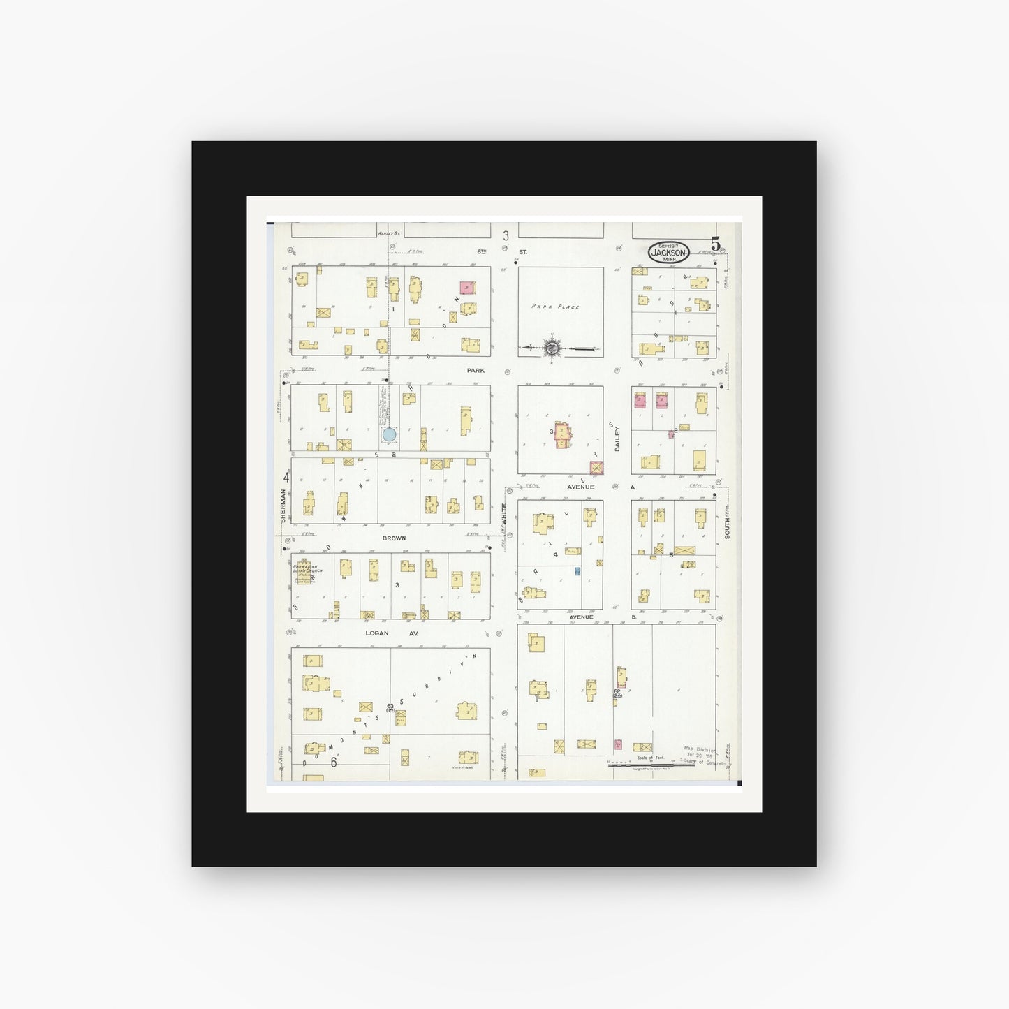 Old map wall art mockup — black gallery frame with white mat — Sanborn Fire Insurance Map from Jackson, Jackson County, Minnesota (1917), Sheet #0005