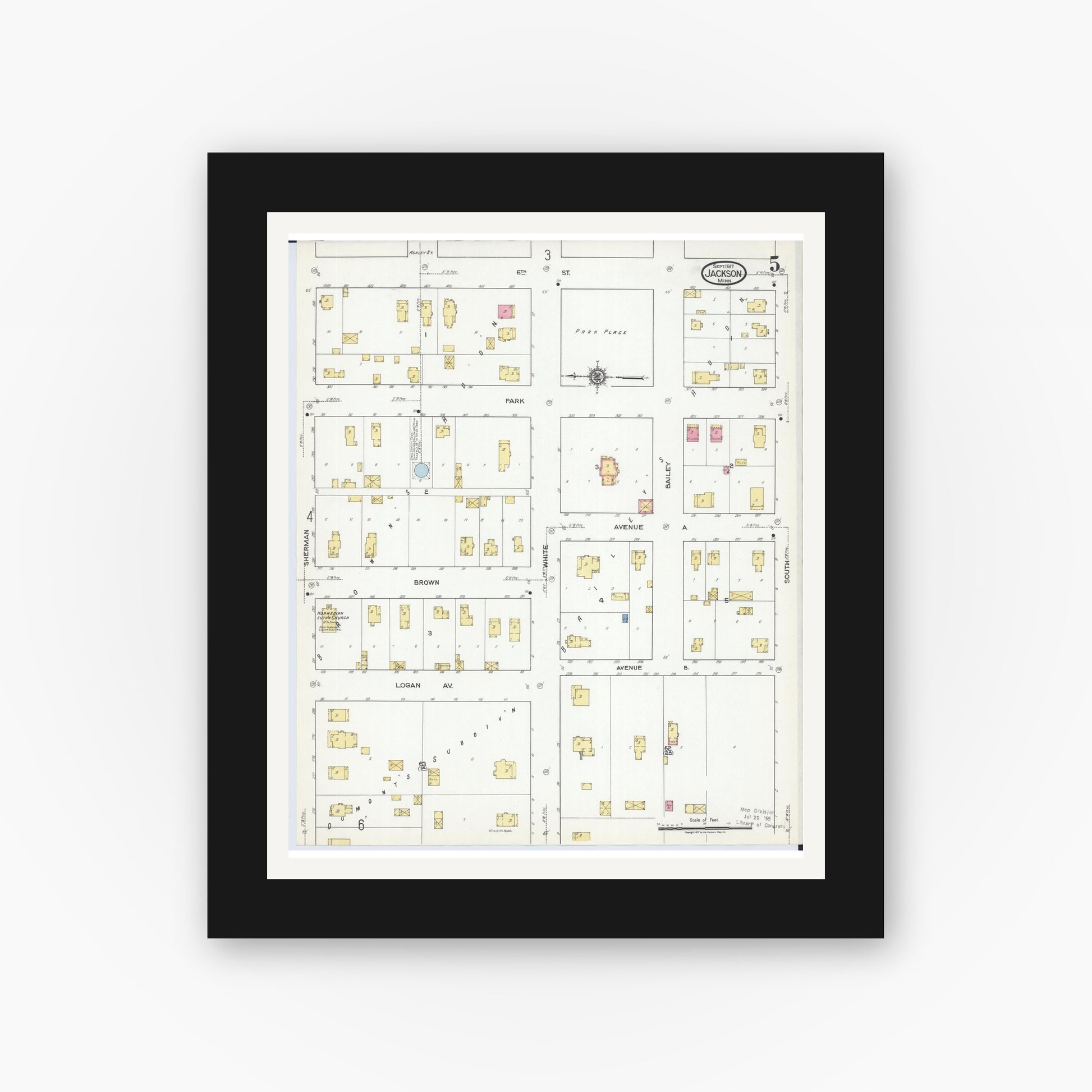 Old map wall art mockup — black gallery frame with white mat — Sanborn Fire Insurance Map from Jackson, Jackson County, Minnesota (1917), Sheet #0005