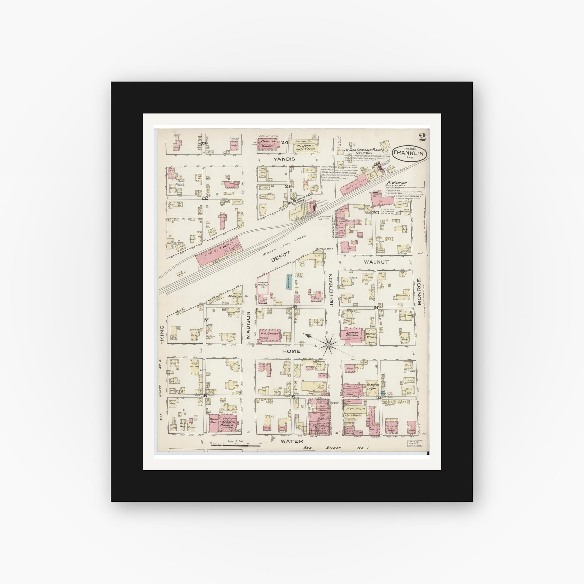 Old map wall art mockup — black gallery frame with white mat — Sanborn Fire Insurance Map from Franklin, Johnson County, Indiana (1886), Sheet #0002
