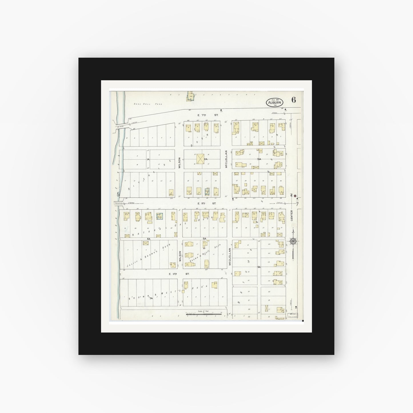 Old map wall art mockup — black gallery frame with white mat — Sanborn Fire Insurance Map from Auburn, De Kalb County, Indiana (1914), Sheet #0006