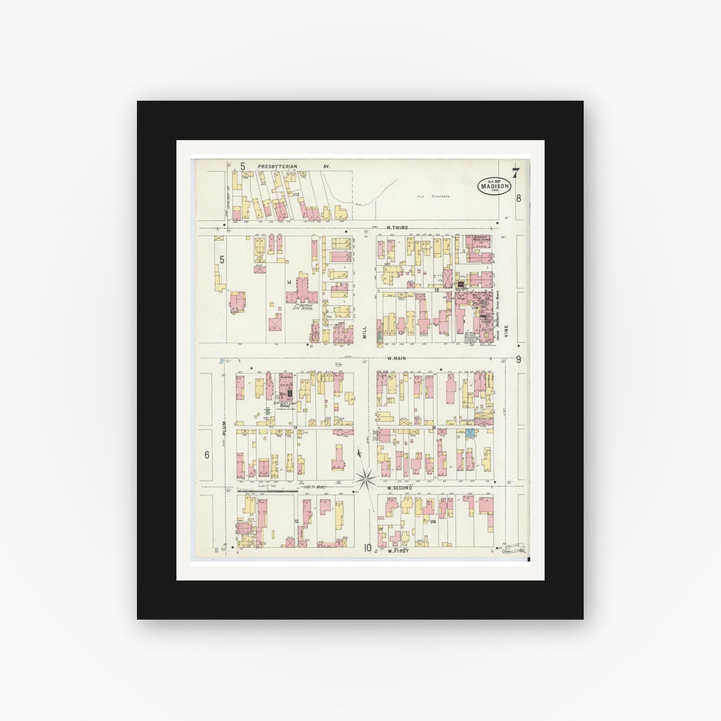 Old map wall art mockup — black gallery frame with white mat — Sanborn Fire Insurance Map from Madison, Jefferson County, Indiana (1897), Sheet #0007