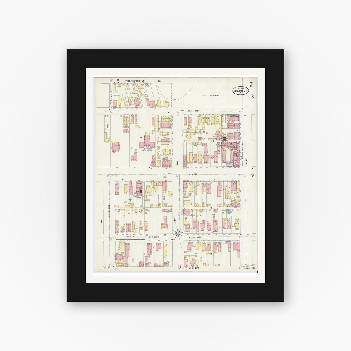 Old map wall art mockup — black gallery frame with white mat — Sanborn Fire Insurance Map from Madison, Jefferson County, Indiana (1897), Sheet #0007