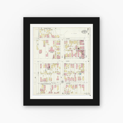 Old map wall art mockup — black gallery frame with white mat — Sanborn Fire Insurance Map from Madison, Jefferson County, Indiana (1897), Sheet #0007