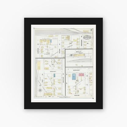 Old map wall art mockup — black gallery frame with white mat — Sanborn Fire Insurance Map from Kankakee, Kankakee County, Illinois (1892), Sheet #0007