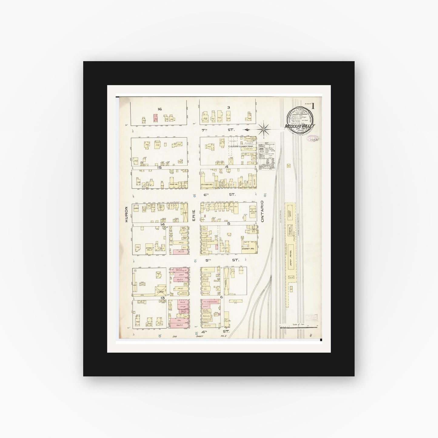 Old map wall art mockup — black gallery frame with white mat — Sanborn Fire Insurance Map from Missouri Valley, Harrison County, Iowa (1886) â€” Complete Set