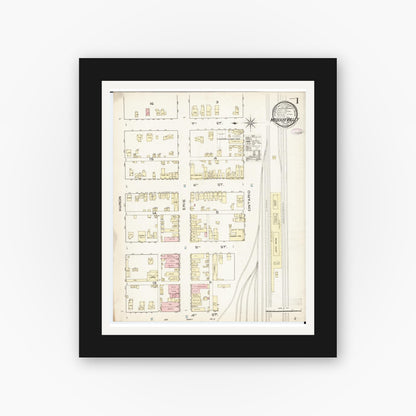 Old map wall art mockup — black gallery frame with white mat — Sanborn Fire Insurance Map from Missouri Valley, Harrison County, Iowa (1886) â€” Complete Set