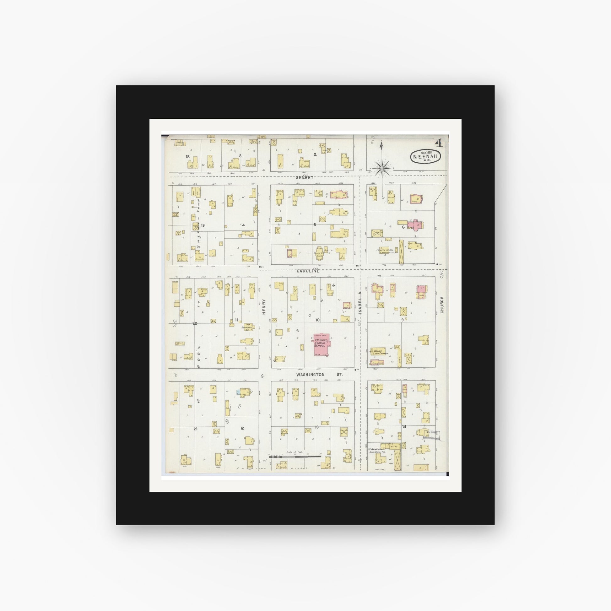Old map wall art mockup — black gallery frame with white mat — Sanborn Fire Insurance Map from Neenah, Winnebago County, Wisconsin (1895), Sheet #0004