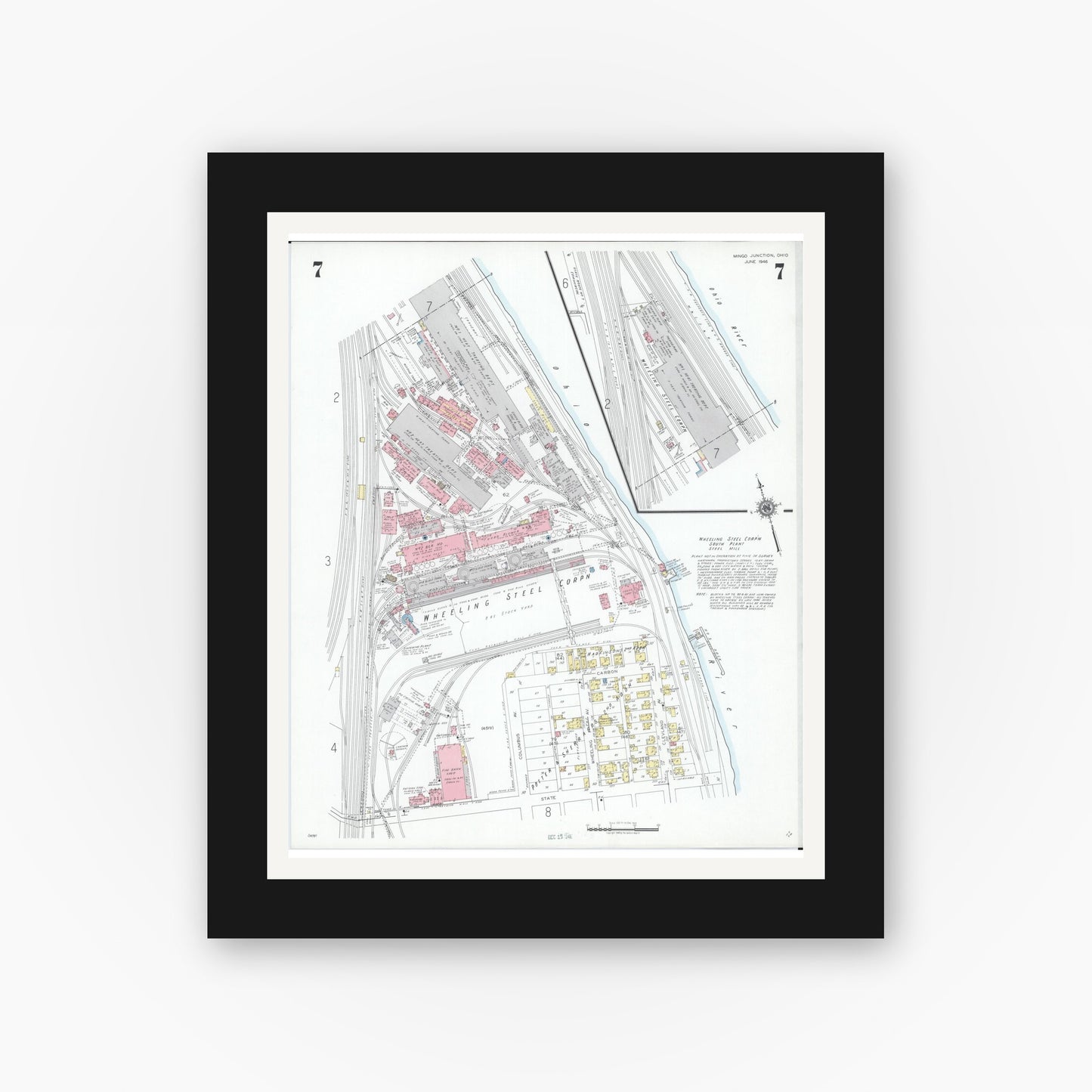 Old map wall art mockup — black gallery frame with white mat — Sanborn Fire Insurance Map from Mingo Junction, Jefferson County, Ohio (1946), Sheet #0007