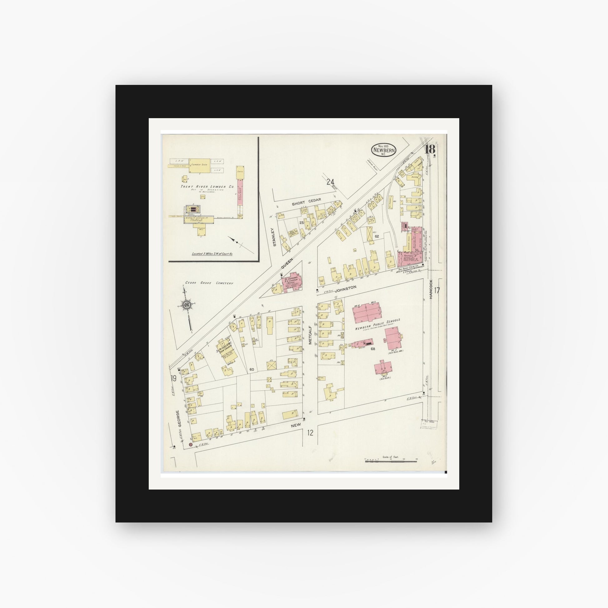 Old map wall art mockup — black gallery frame with white mat — Sanborn Fire Insurance Map from New Bern, Craven County, North Carolina (1913), Sheet #0018