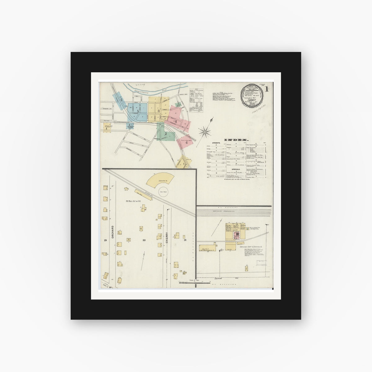 Old map wall art mockup — black gallery frame with white mat — Sanborn Fire Insurance Map from Sidney, Delaware County, New York (1897) - Complete Map Set