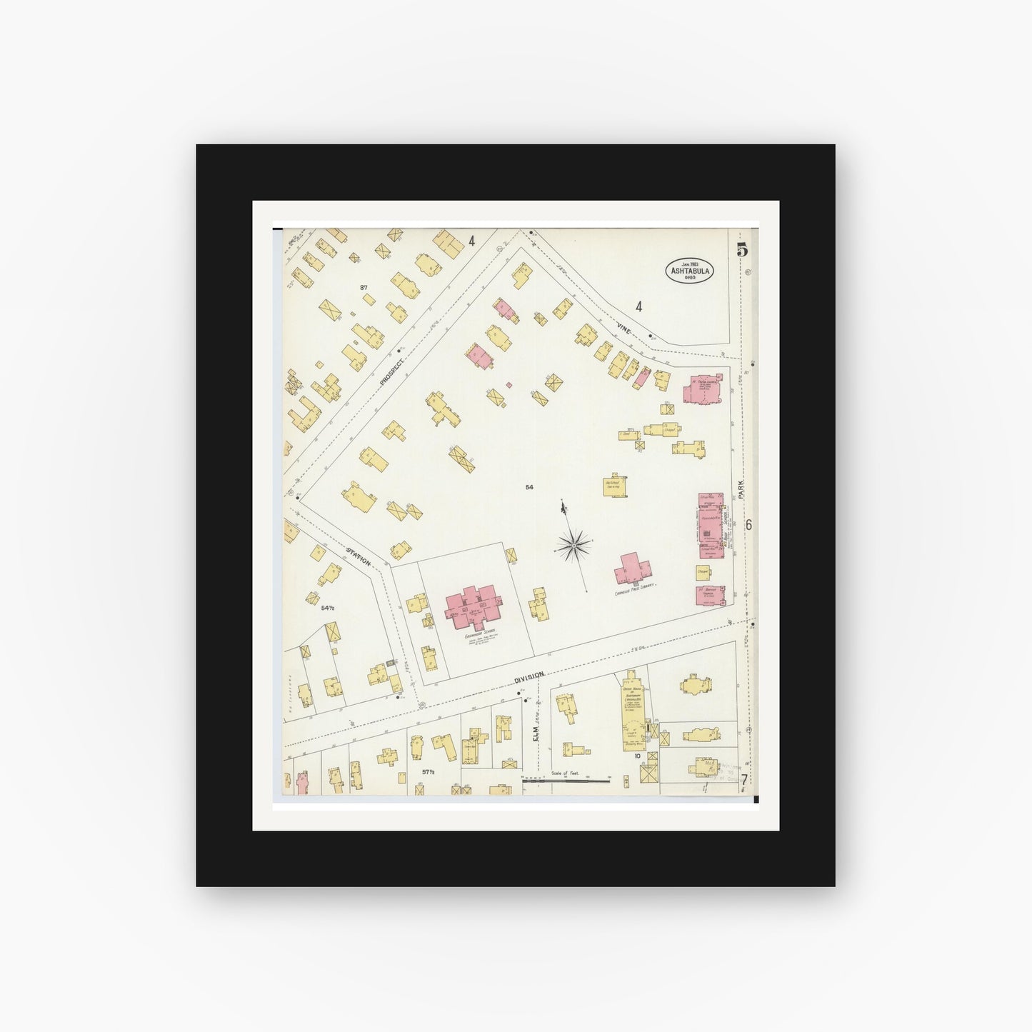 Old map wall art mockup — black gallery frame with white mat — Sanborn Fire Insurance Map from Ashtabula, Ashtabula County, Ohio (1903), Sheet #0005