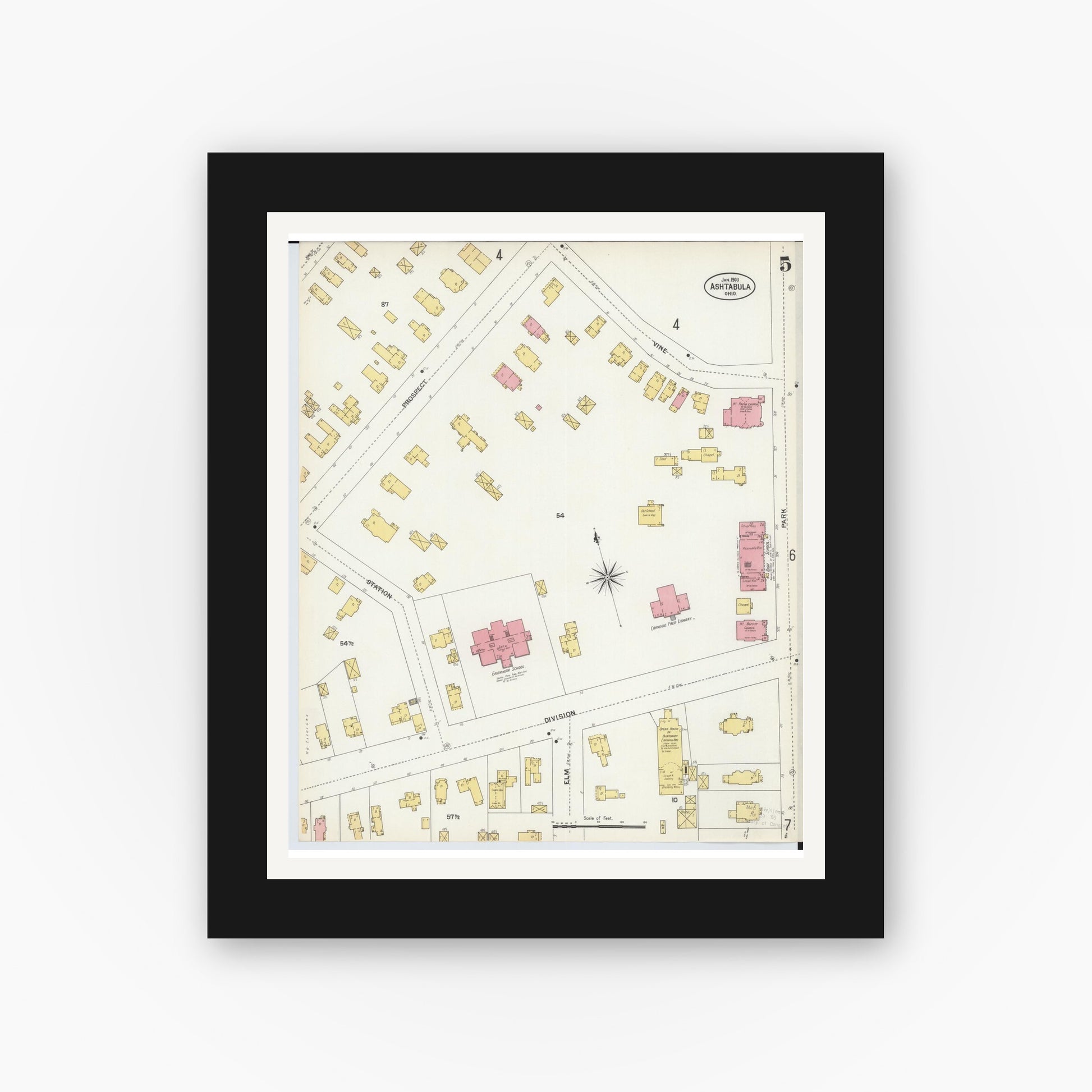 Old map wall art mockup — black gallery frame with white mat — Sanborn Fire Insurance Map from Ashtabula, Ashtabula County, Ohio (1903), Sheet #0005