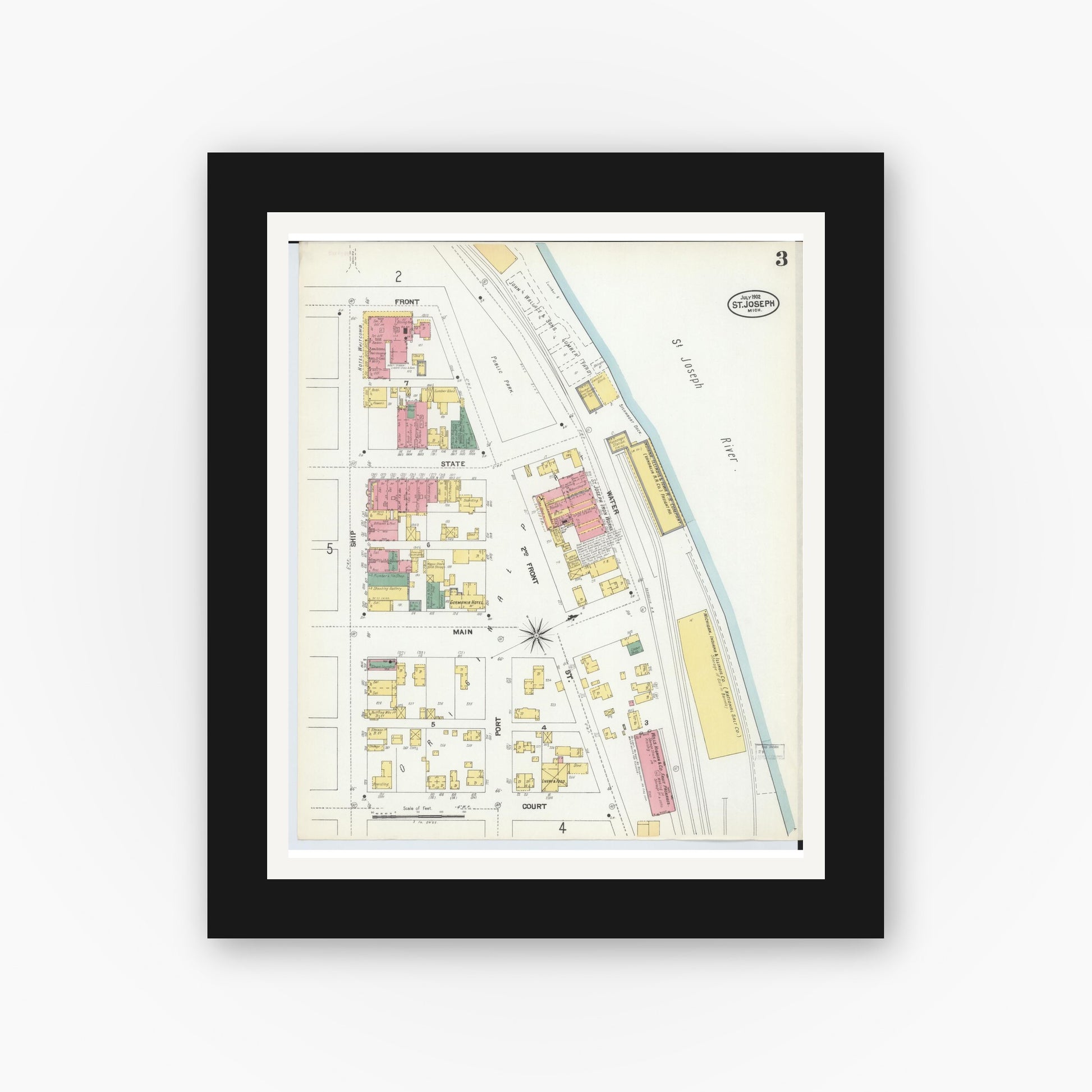 Old map wall art mockup — black gallery frame with white mat — Sanborn Fire Insurance Map from Saint Joseph, Berrien County, Michigan (1902), Sheet #0003
