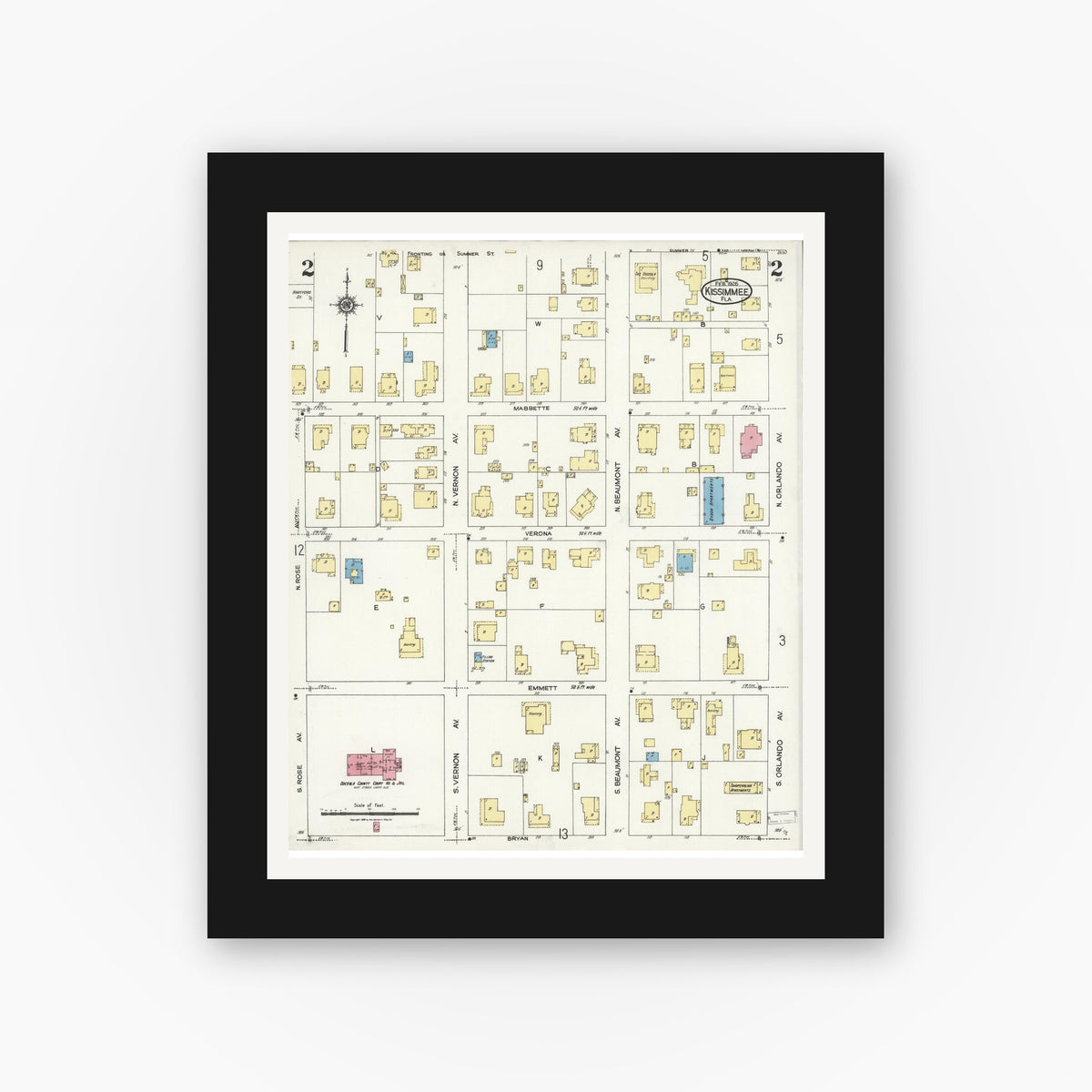 Old map wall art mockup — black gallery frame with white mat — Sanborn Fire Insurance Map from Kissimmee, Osceola County, Florida (1926), Sheet #0002