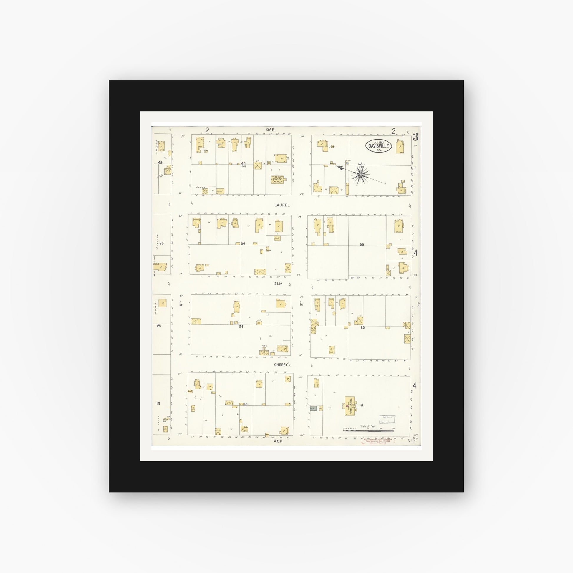 Old map wall art mockup — black gallery frame with white mat — Sanborn Fire Insurance Map from Davis, Yolo County, California (1907), Sheet #0003