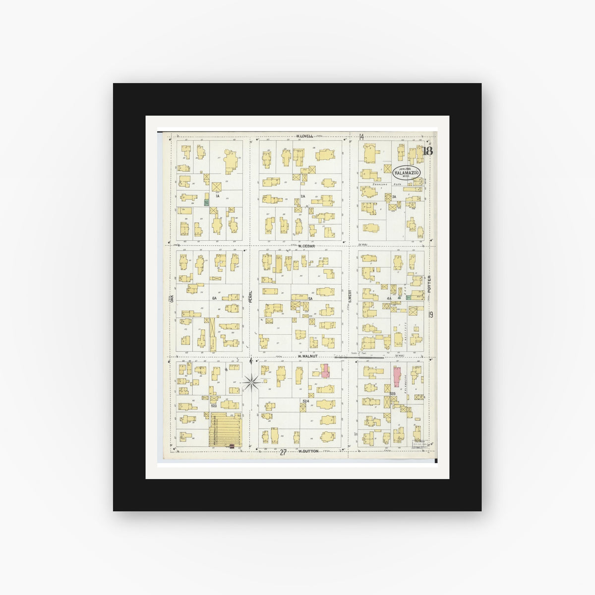Old map wall art mockup — black gallery frame with white mat — Sanborn Fire Insurance Map from Kalamazoo, Kalamazoo County, Michigan (1902), Sheet #0018