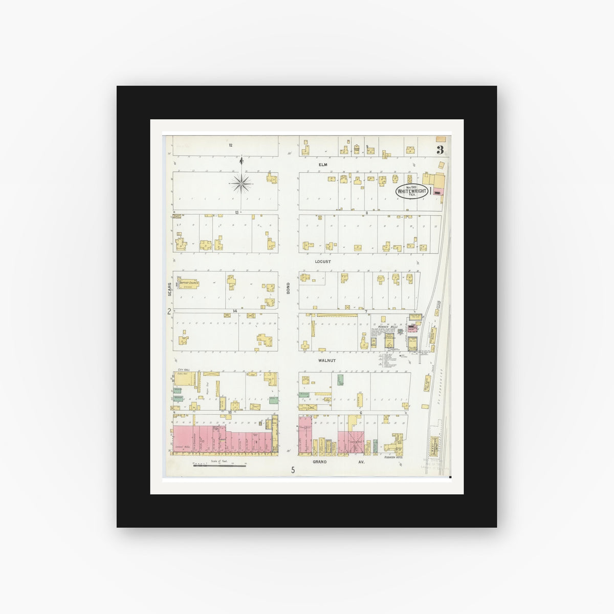 Old map wall art mockup — black gallery frame with white mat — Sanborn Fire Insurance Map from Whitewright, Grayson County, Texas (1900), Sheet #0003