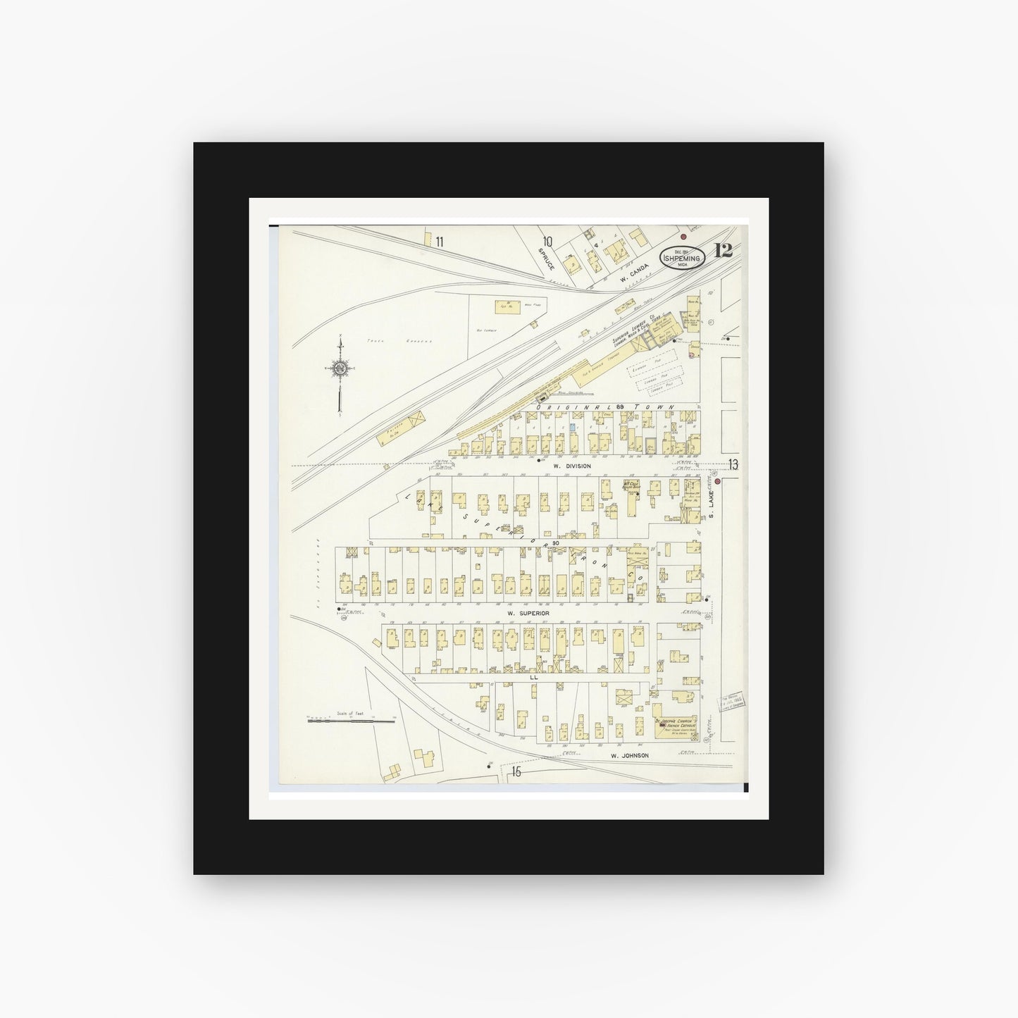 Old map wall art mockup — black gallery frame with white mat — Sanborn Fire Insurance Map from Ishpeming, Marquette County, Michigan (1911), Sheet #0012