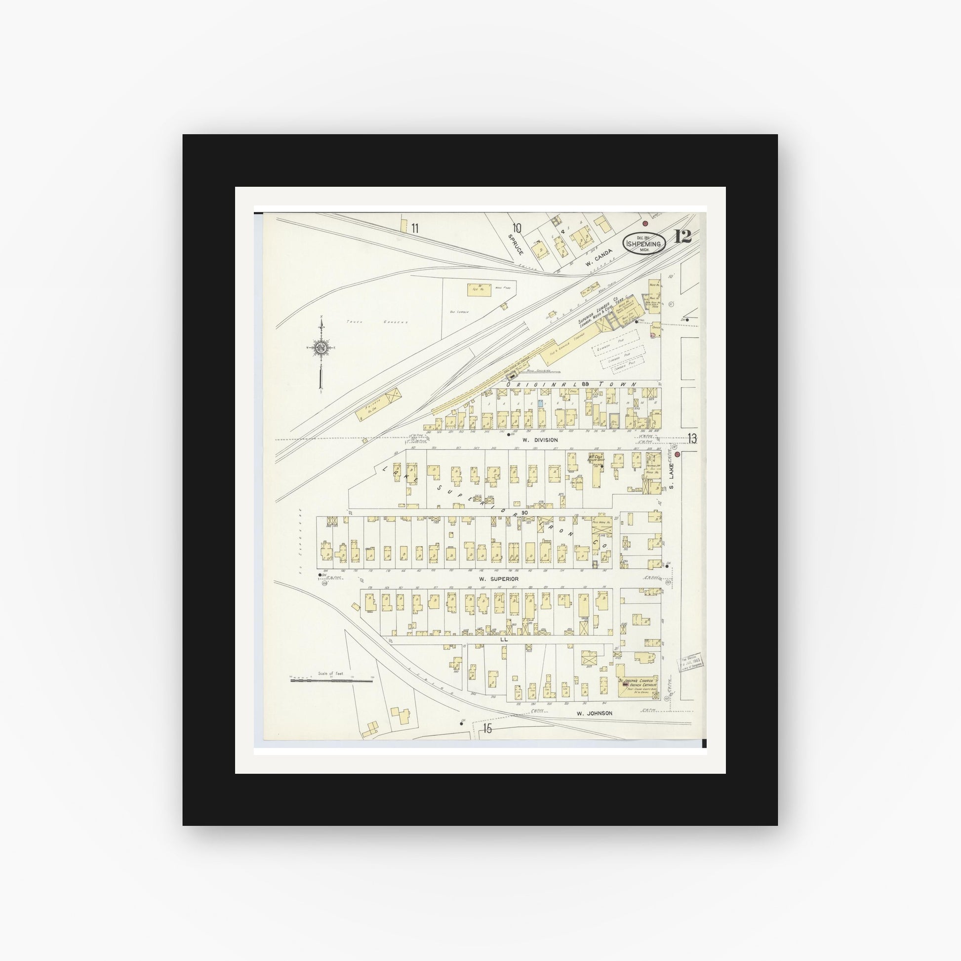 Old map wall art mockup — black gallery frame with white mat — Sanborn Fire Insurance Map from Ishpeming, Marquette County, Michigan (1911), Sheet #0012
