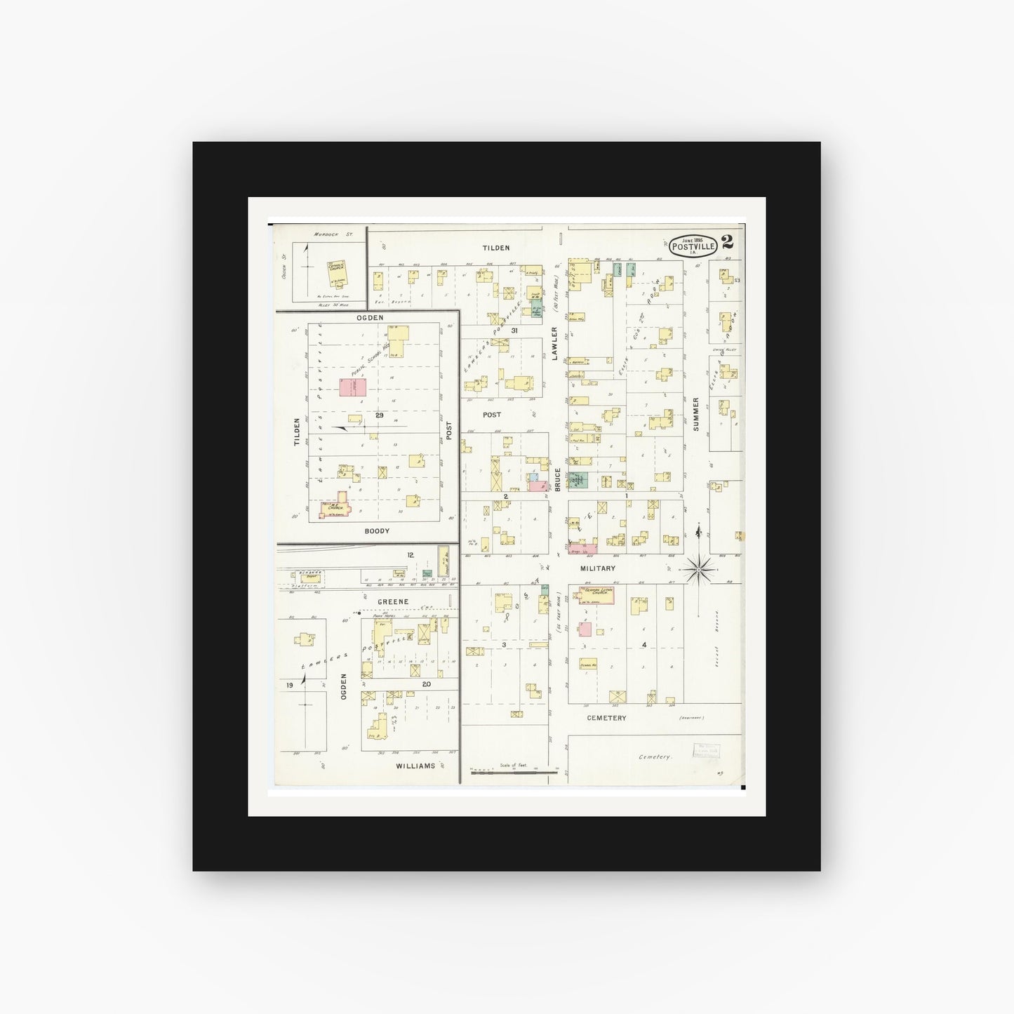 Old map wall art mockup — black gallery frame with white mat — Sanborn Fire Insurance Map from Postville, Allamakee County, Iowa (1895), Sheet #0002
