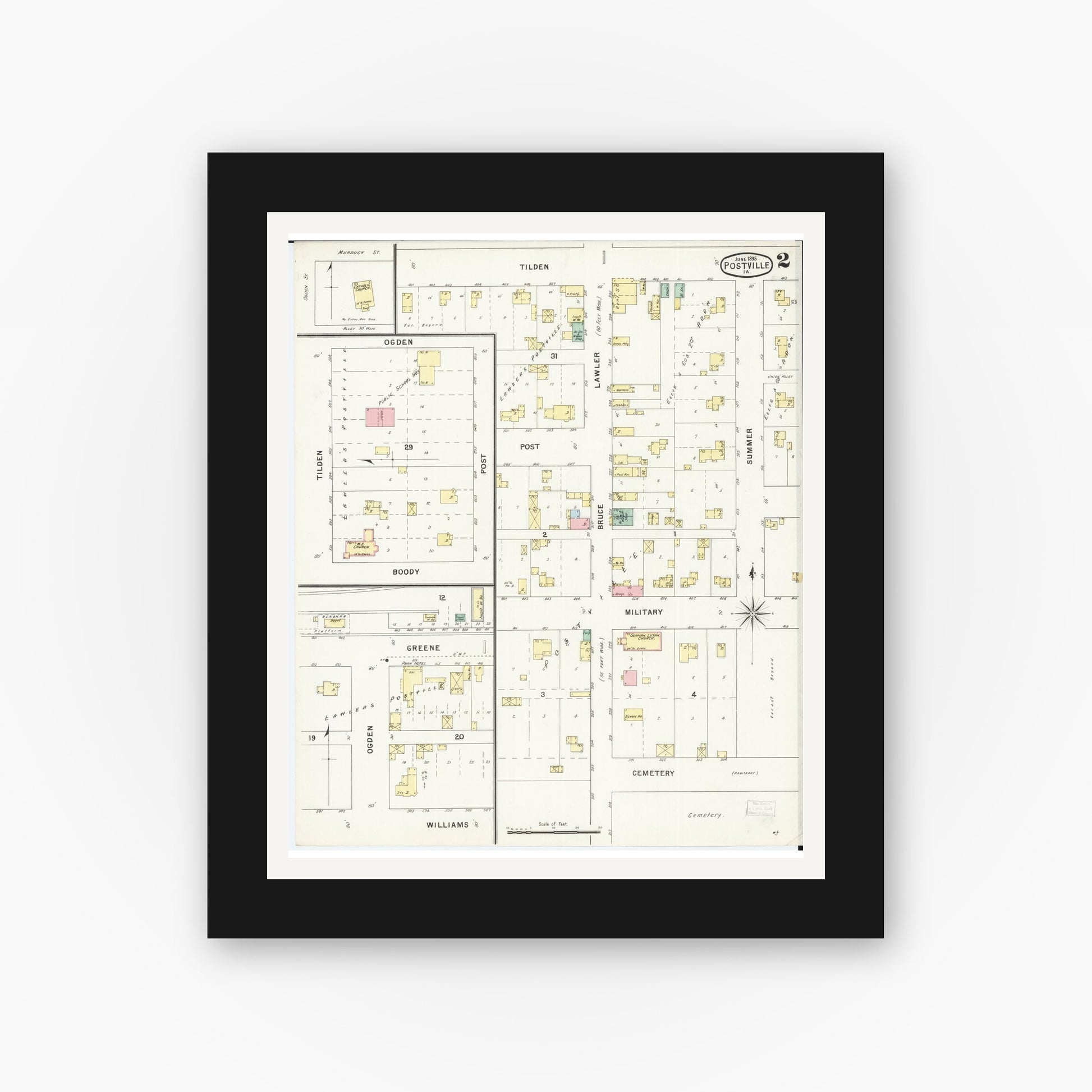 Old map wall art mockup — black gallery frame with white mat — Sanborn Fire Insurance Map from Postville, Allamakee County, Iowa (1895), Sheet #0002
