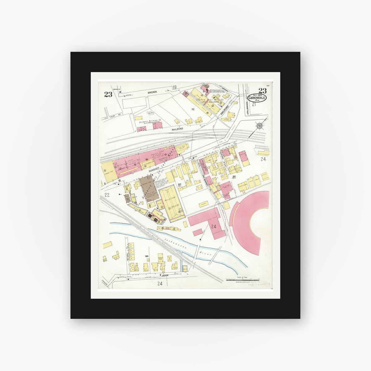 Old map wall art mockup — black gallery frame with white mat — Sanborn Fire Insurance Map from Carbondale, Lackawanna County, Pennsylvania (1923), Sheet #0023