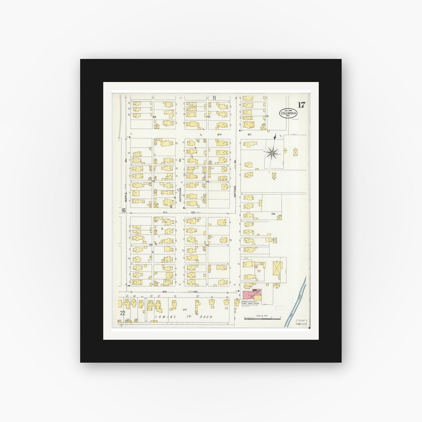 Old map wall art mockup — black gallery frame with white mat — Sanborn Fire Insurance Map from Columbus, Bartholomew County, Indiana (1906), Sheet #0017