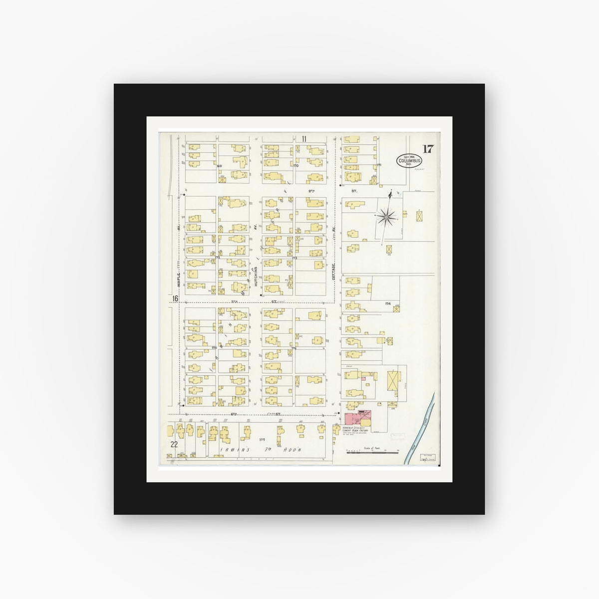 Old map wall art mockup — black gallery frame with white mat — Sanborn Fire Insurance Map from Columbus, Bartholomew County, Indiana (1906), Sheet #0017