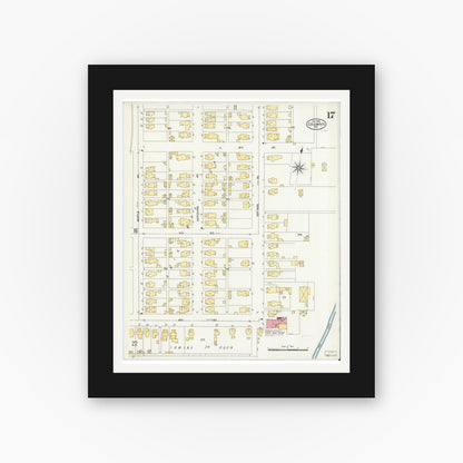Old map wall art mockup — black gallery frame with white mat — Sanborn Fire Insurance Map from Columbus, Bartholomew County, Indiana (1906), Sheet #0017