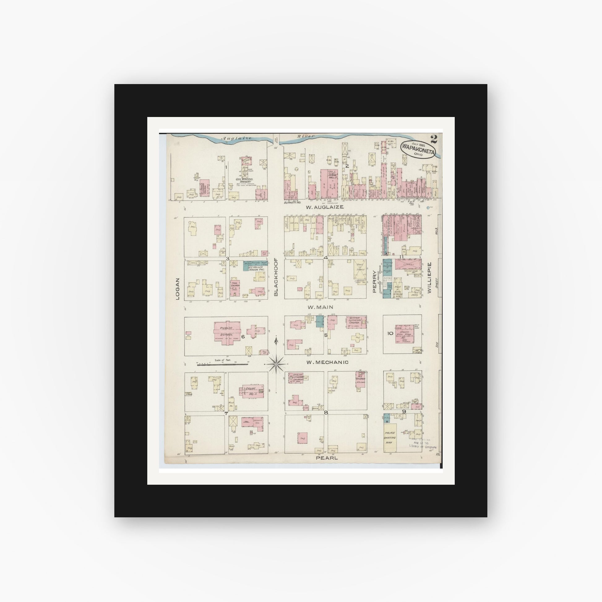 Old map wall art mockup — black gallery frame with white mat — Sanborn Fire Insurance Map from Wapakoneta, Auglaize County, Ohio (1885), Sheet #0002