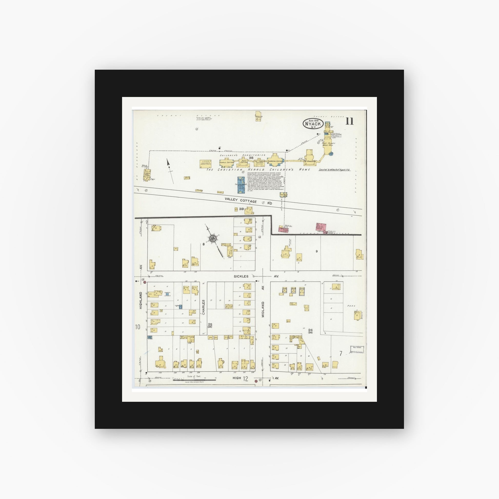 Old map wall art mockup — black gallery frame with white mat — Sanborn Fire Insurance Map from Nyack, Rockland County, New York. (1919), Sheet #0011