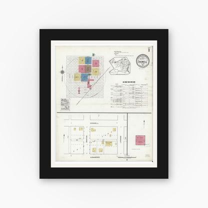 Old map wall art mockup — black gallery frame with white mat — Sanborn Fire Insurance Map from Crowell, Foard County, Texas (1921) - Complete Map Set
