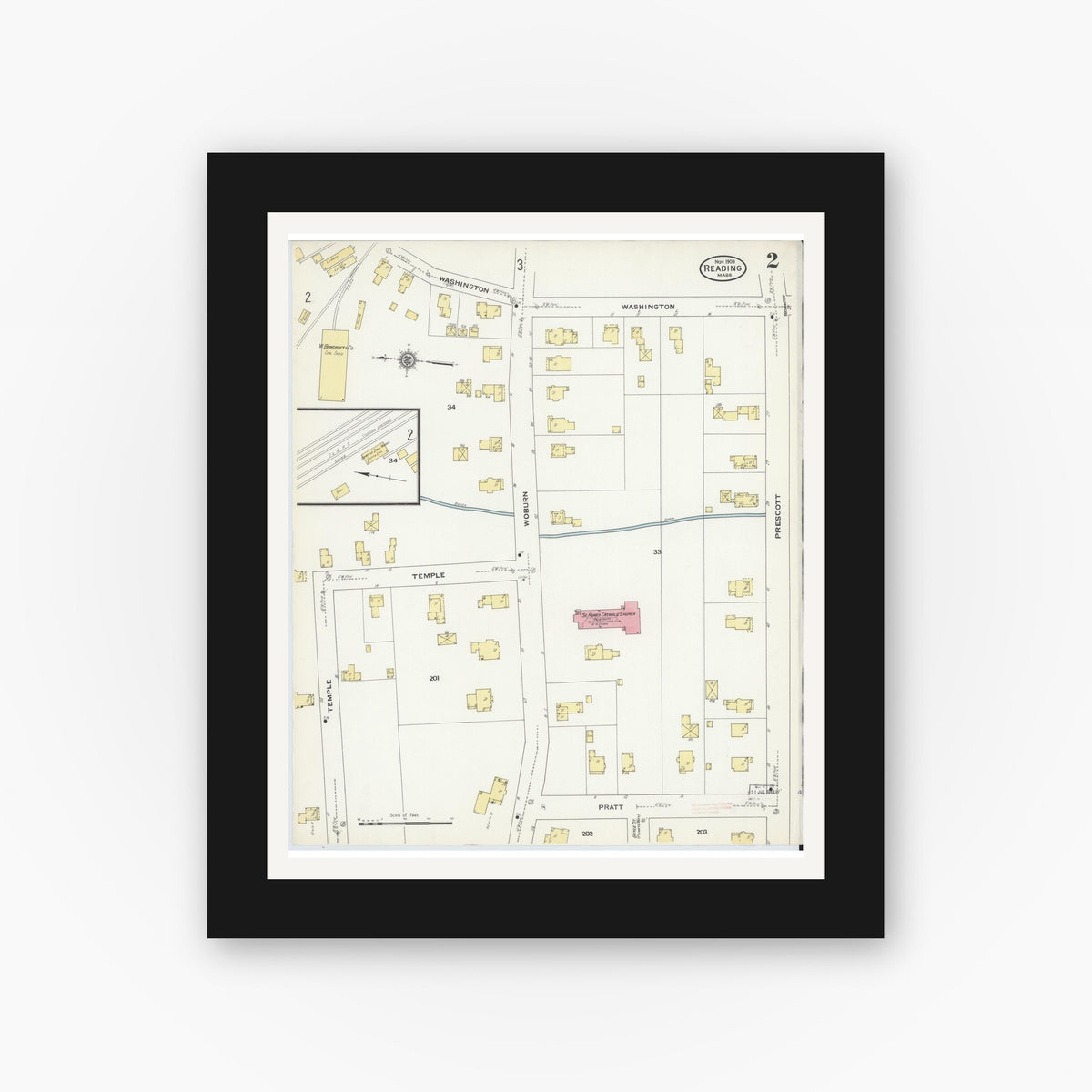 Old map wall art mockup — black gallery frame with white mat — Sanborn Fire Insurance Map from Reading, Middlesex County, Massachusetts (1909), Sheet #0002