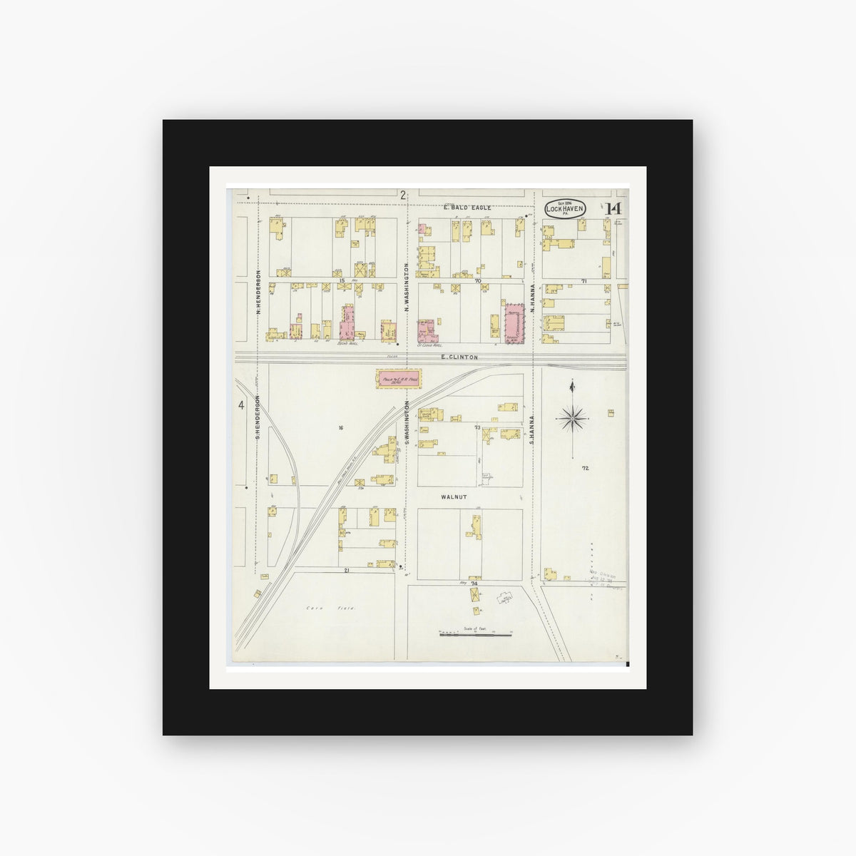 Old map wall art mockup — black gallery frame with white mat — Sanborn Fire Insurance Map from Lock Haven, Clinton County, Pennsylvania (1896), Sheet #0014