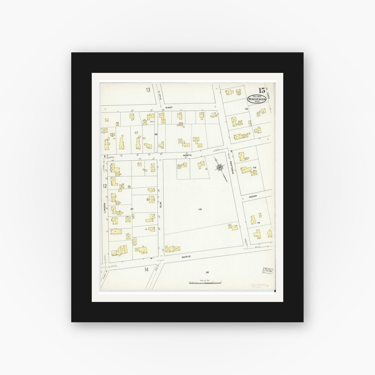 Old map wall art mockup — black gallery frame with white mat — Sanborn Fire Insurance Map from Winchendon, Worcester County, Massachusetts (1909), Sheet #0015