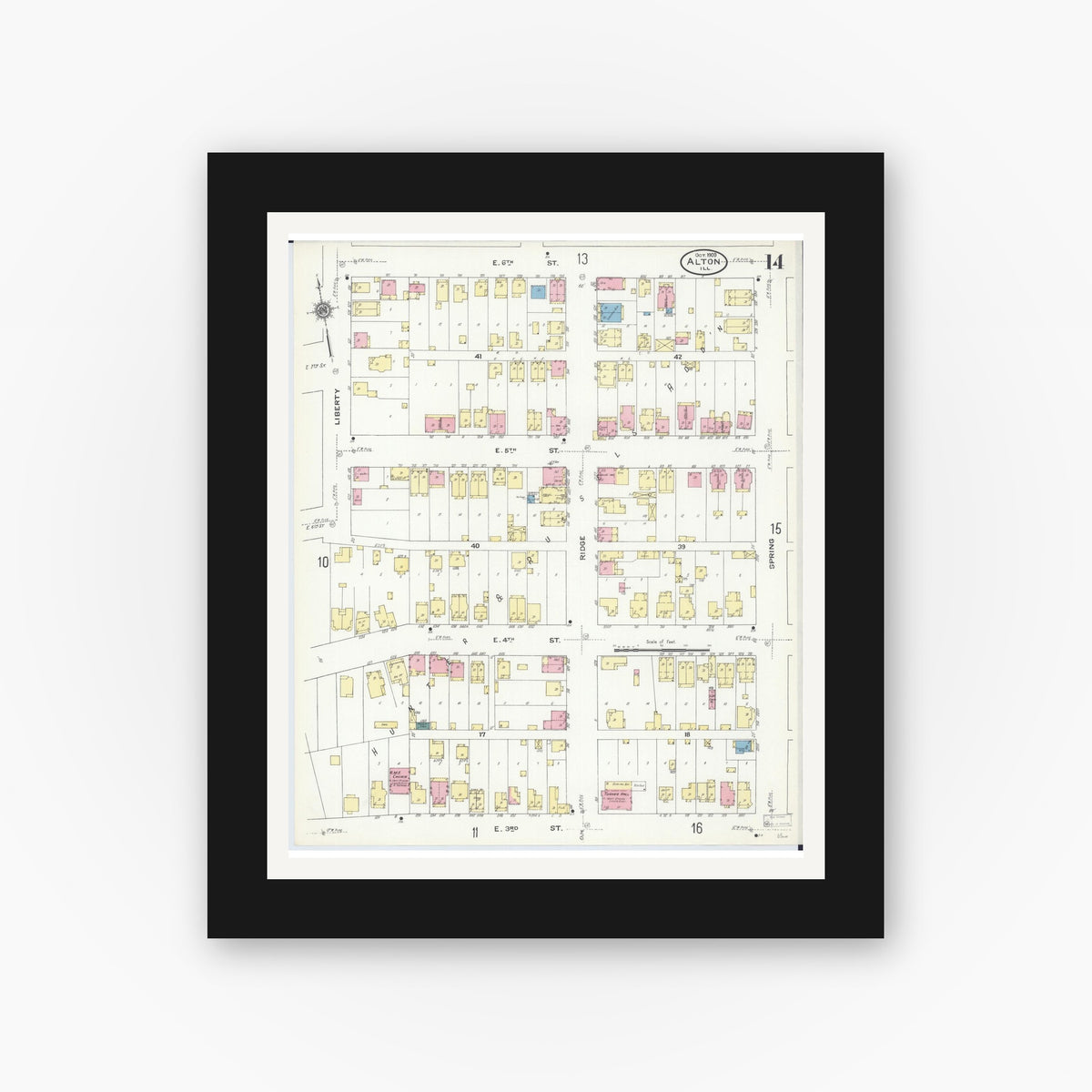 Old map wall art mockup — black gallery frame with white mat — Sanborn Fire Insurance Map from Alton, Madison County, Illinois (1909), Sheet #0014