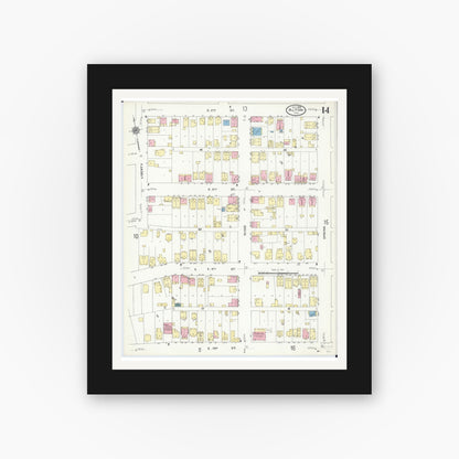 Old map wall art mockup — black gallery frame with white mat — Sanborn Fire Insurance Map from Alton, Madison County, Illinois (1909), Sheet #0014