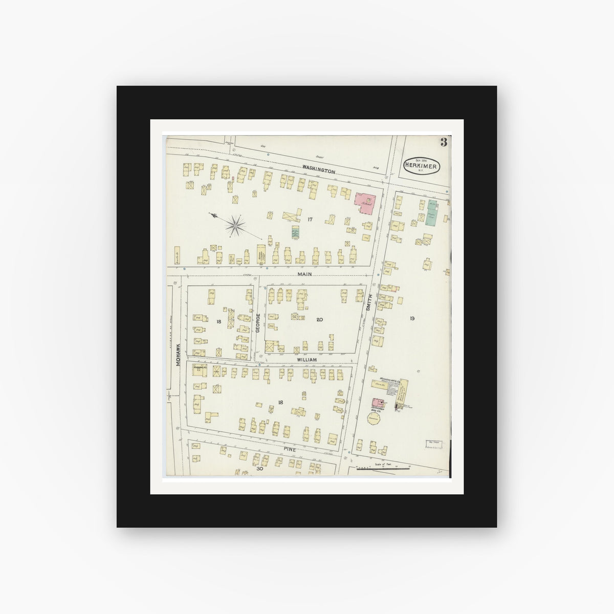 Old map wall art mockup — black gallery frame with white mat — Sanborn Fire Insurance Map from Herkimer, Herkimer County, New York (1890), Sheet #0003