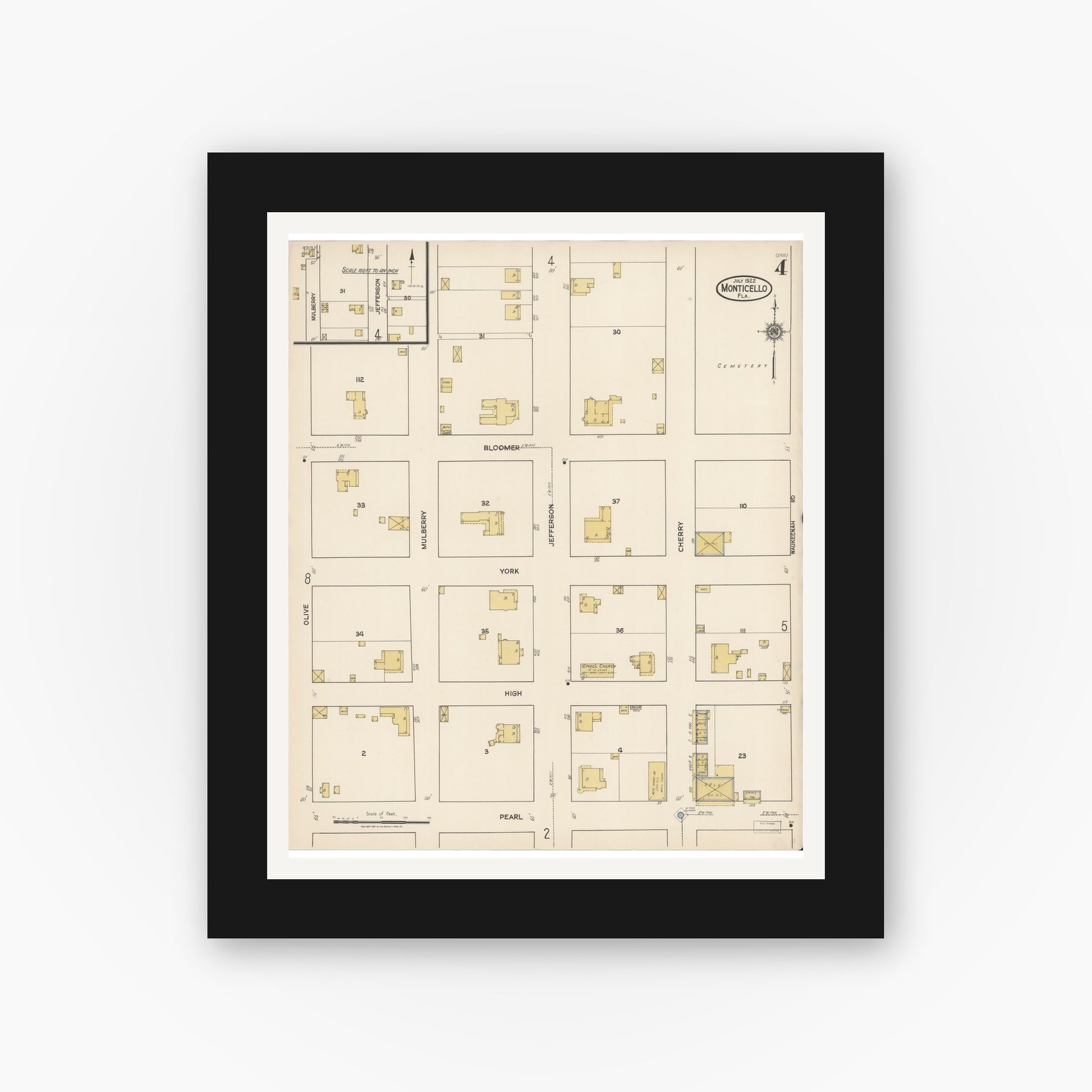 Old map wall art mockup — black gallery frame with white mat — Sanborn Fire Insurance Map from Monticello, Jefferson County, Florida (1922), Sheet #0004