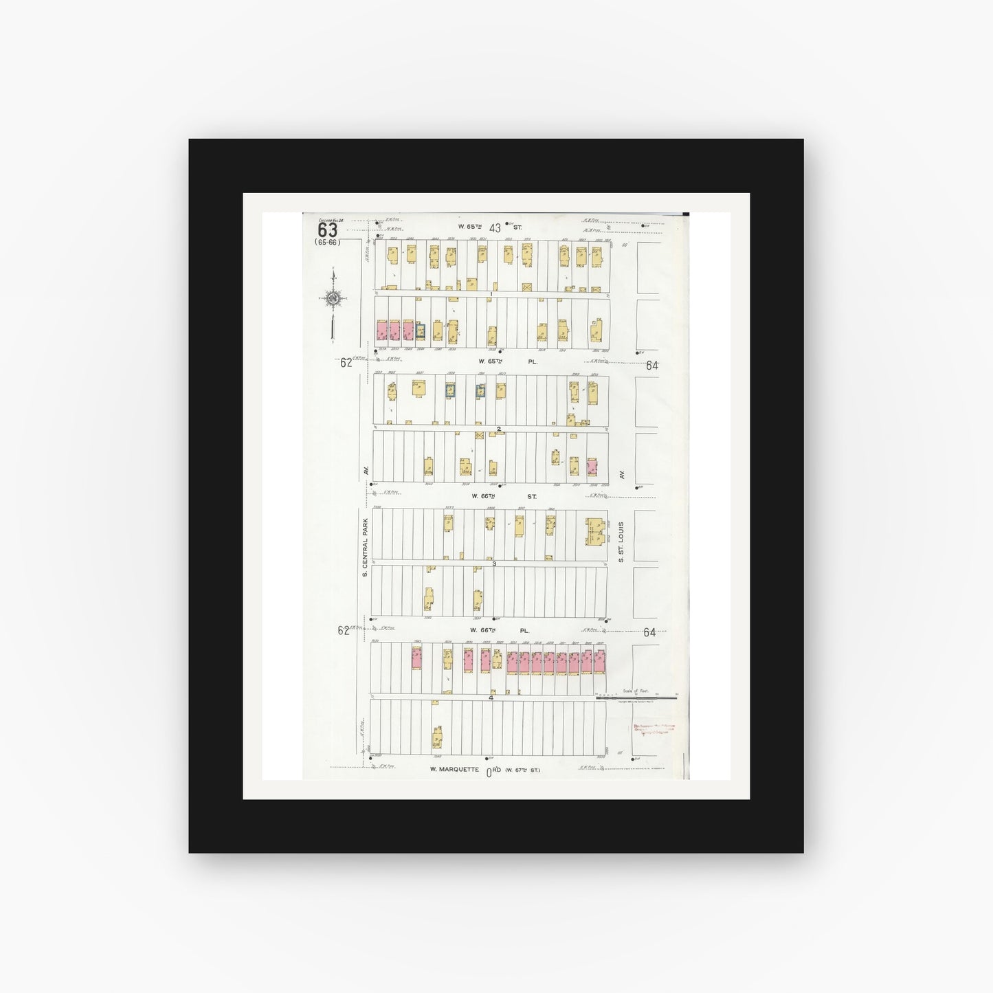 Old map wall art mockup — black gallery frame with white mat — Sanborn Fire Insurance Map from Chicago, Cook County, Illinois (1920), Sheet #0063