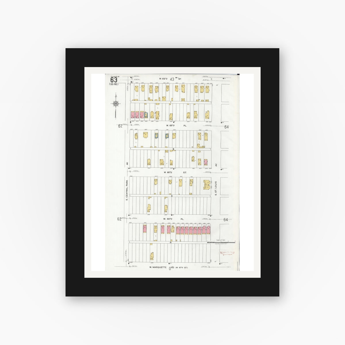 Old map wall art mockup — black gallery frame with white mat — Sanborn Fire Insurance Map from Chicago, Cook County, Illinois (1920), Sheet #0063