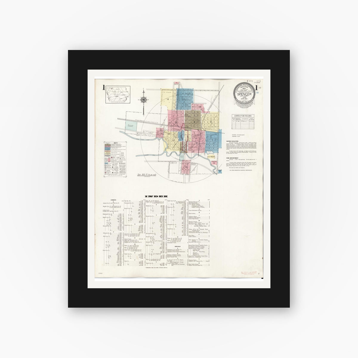 Old map wall art mockup — black gallery frame with white mat — Sanborn Fire Insurance Map from Spencer, Clay County, Iowa (1946), Sheet #0001