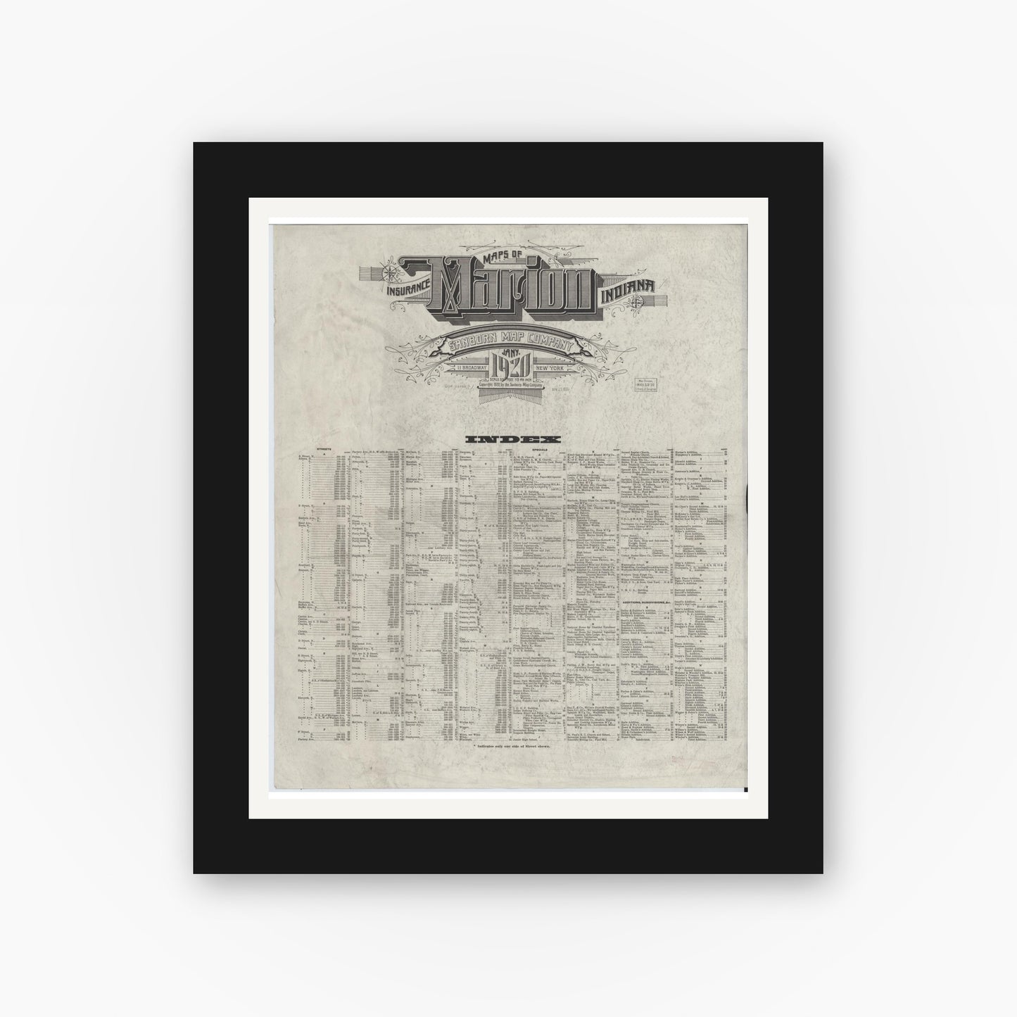 Old map wall art mockup — black gallery frame with white mat — Sanborn Fire Insurance Map from Marion, Grant County, Indiana (1920), Sheet #0001