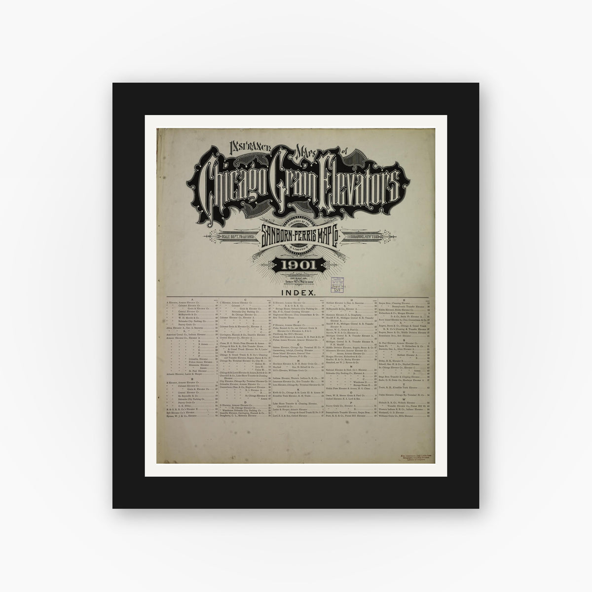 Old map wall art mockup — black gallery frame with white mat — Sanborn Fire Insurance Map from Chicago, Cook County, Illinois (Unknown), Sheet #0001