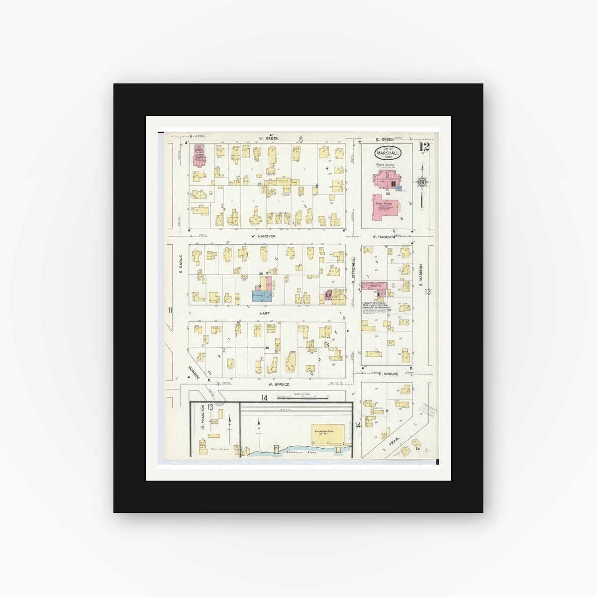 Old map wall art mockup — black gallery frame with white mat — Sanborn Fire Insurance Map from Marshall, Calhoun County, Michigan (1911), Sheet #0012