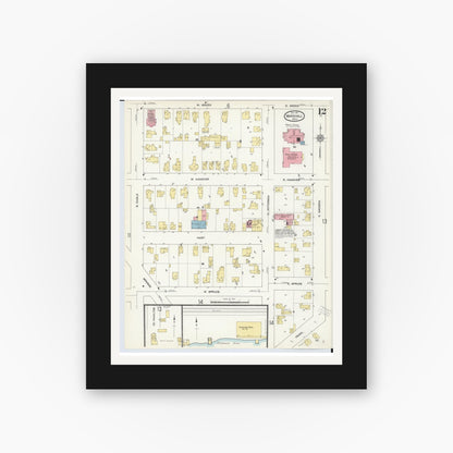 Old map wall art mockup — black gallery frame with white mat — Sanborn Fire Insurance Map from Marshall, Calhoun County, Michigan (1911), Sheet #0012