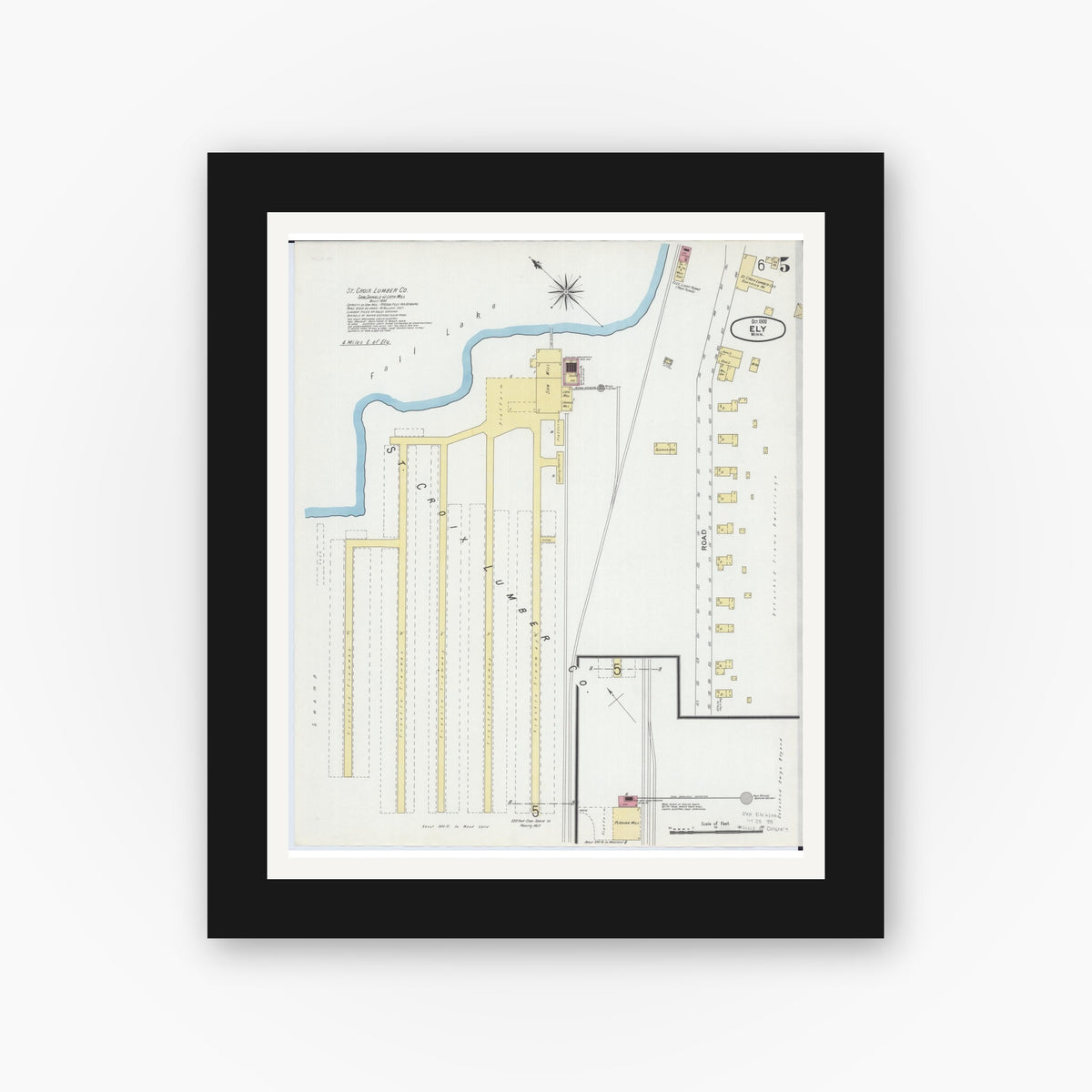 Old map wall art mockup — black gallery frame with white mat — Sanborn Fire Insurance Map from Ely, Saint Louis County, Minnesota (1900), Sheet #0005