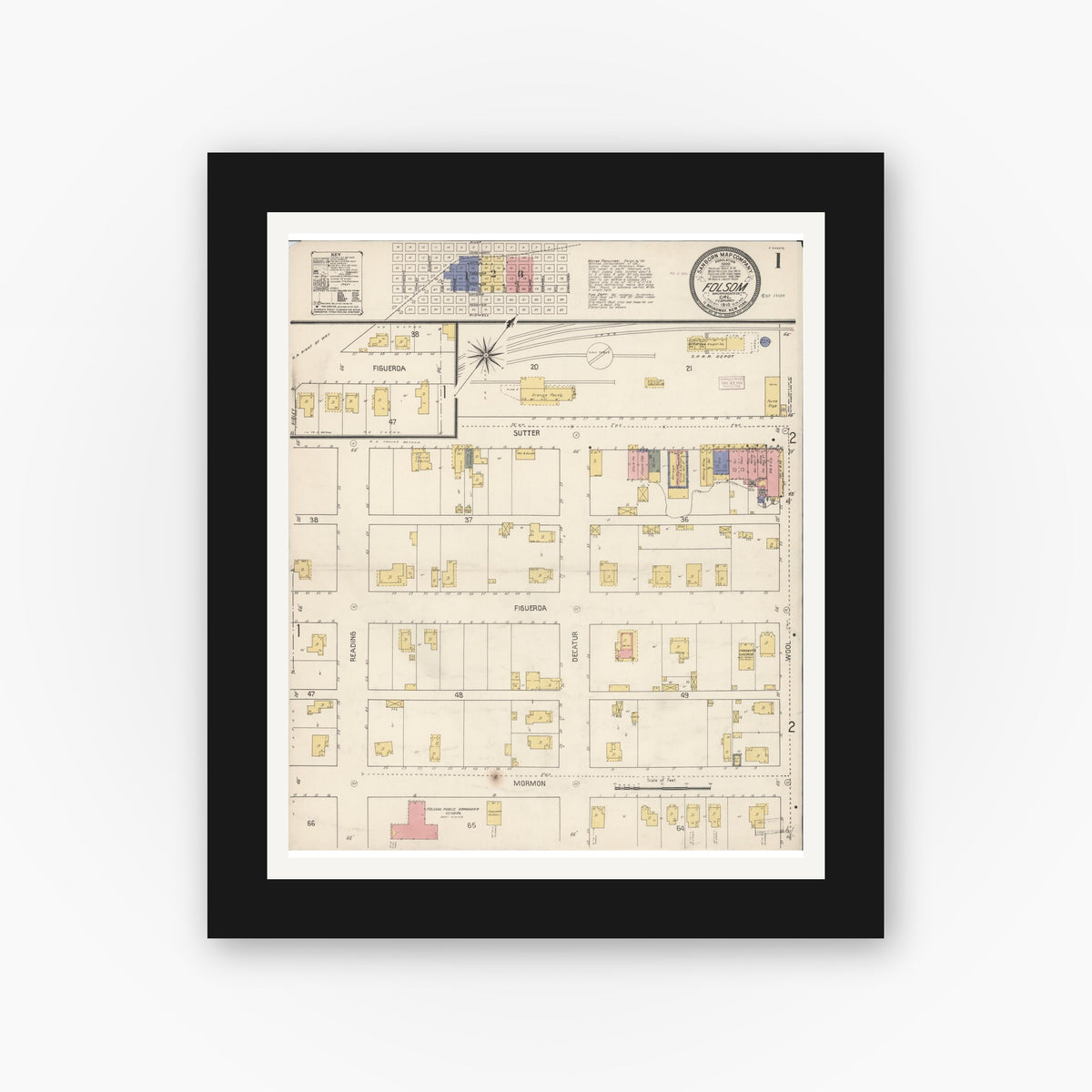 Old map wall art mockup — black gallery frame with white mat — Sanborn Fire Insurance Map from Folsom, Sacramento County, California (1910), Sheet #0001